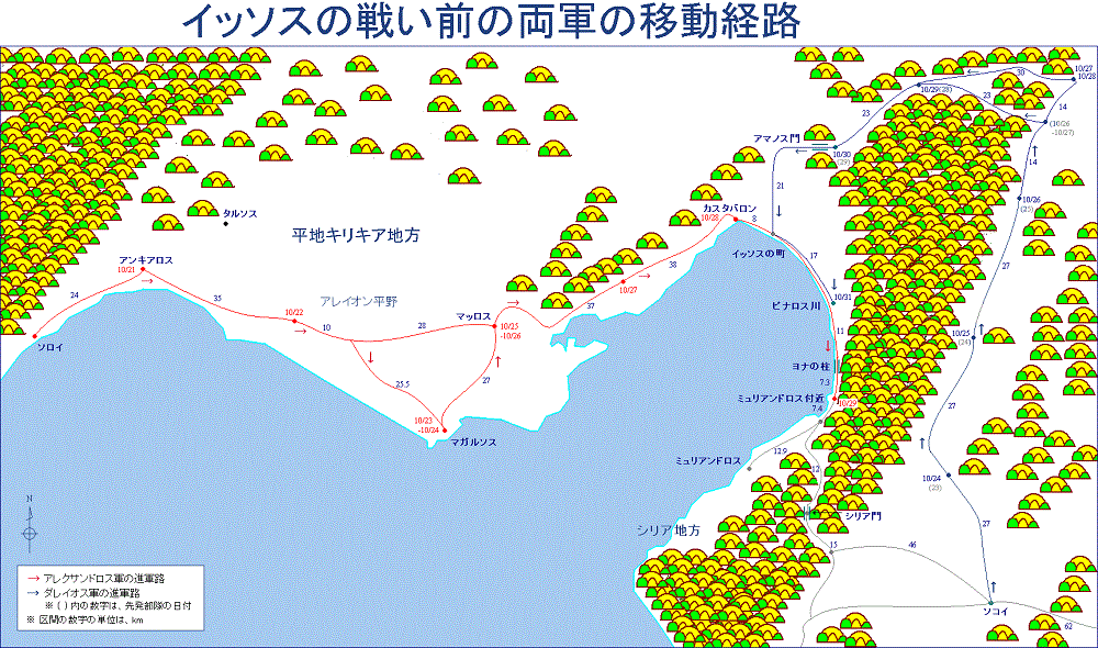 イッソスの戦いの前の両軍の移動経路